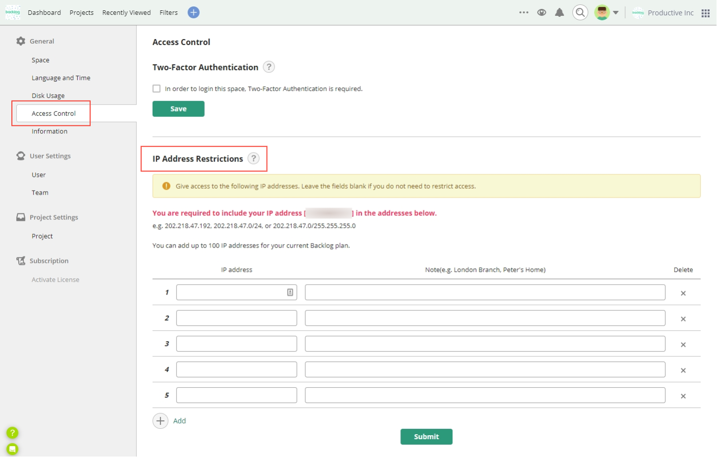 access control and ip address restriction settings