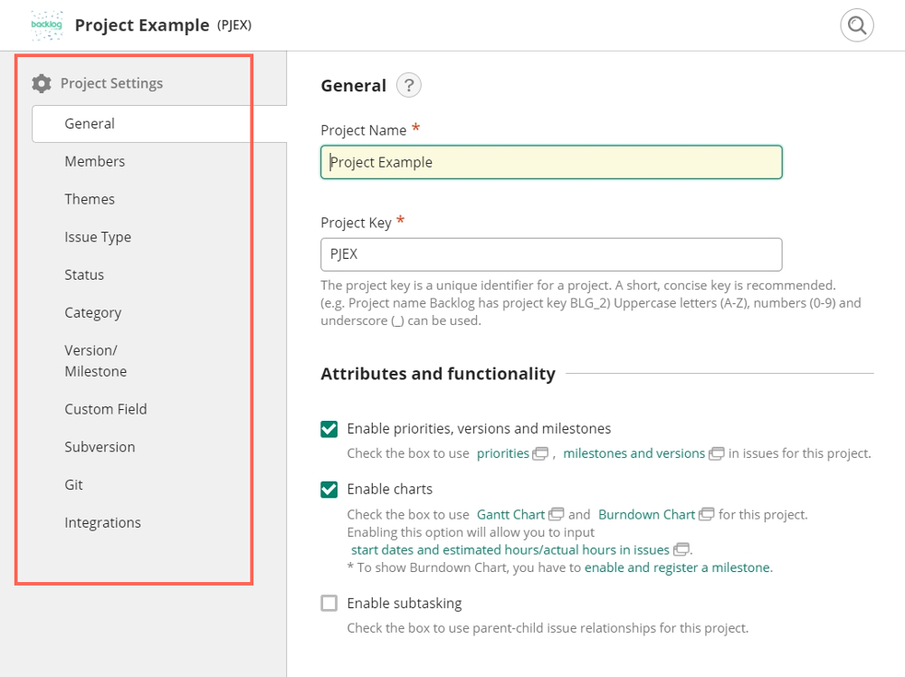 Project settings that can be accessed by project administrators