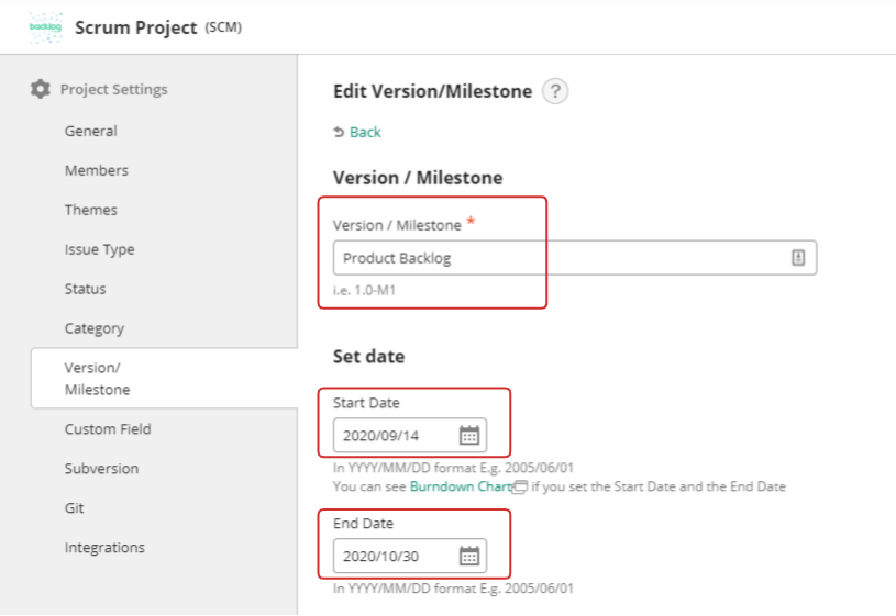 Setting milestones in project settings