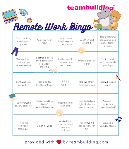 A bingo sheet of common things that happen when working remotely